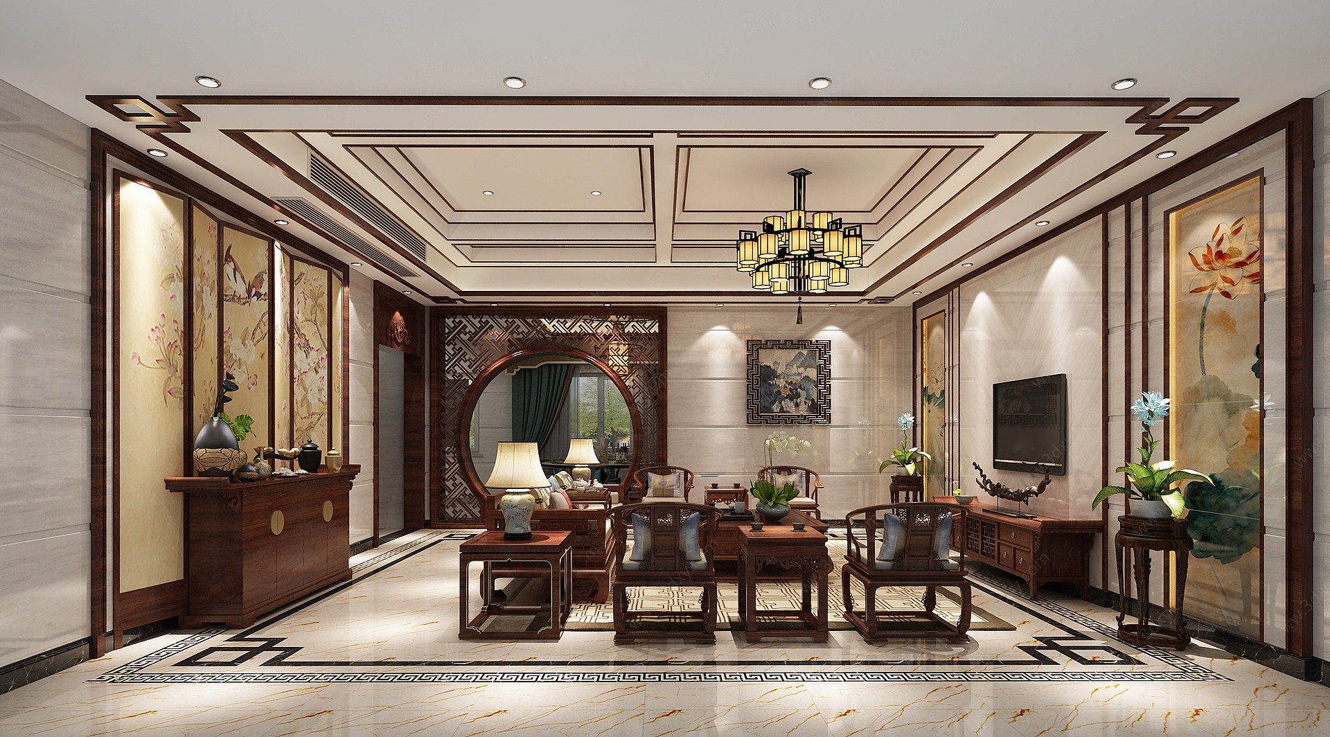 中式客厅沙发组合3D模型