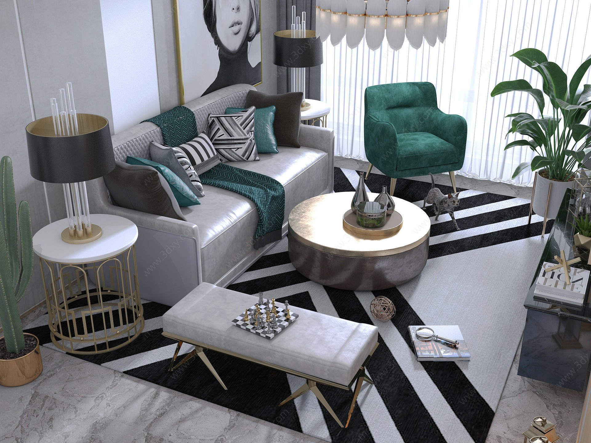 现代轻奢客厅沙发茶几3D模型