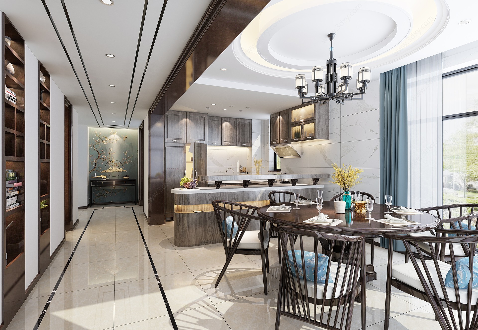 新中式时尚高端别墅客餐厅3D模型