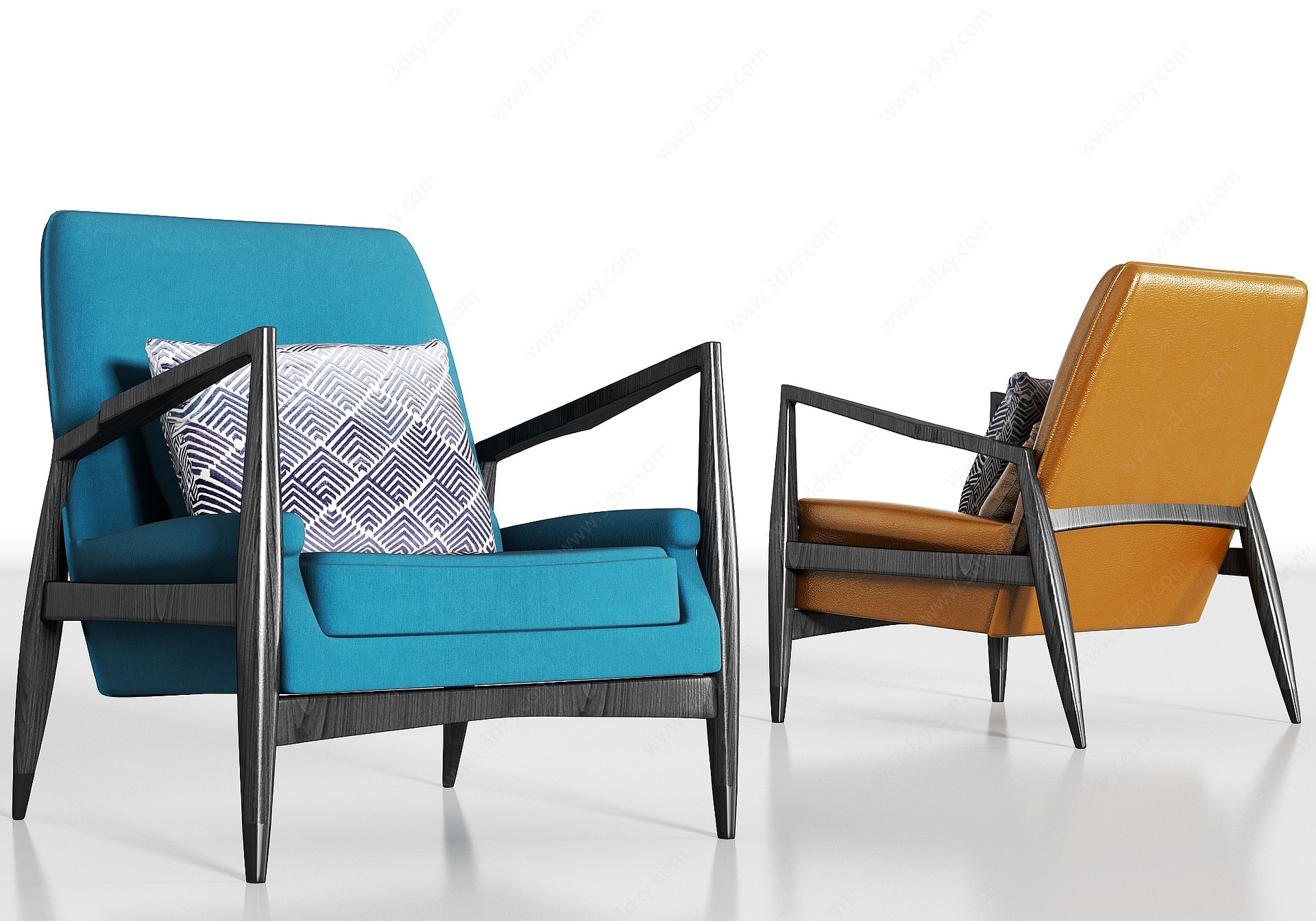 新中式实木绒布皮革单椅3D模型