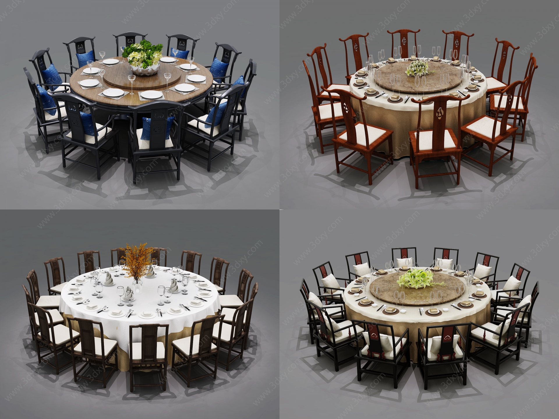 中式圆形餐桌椅组合3D模型