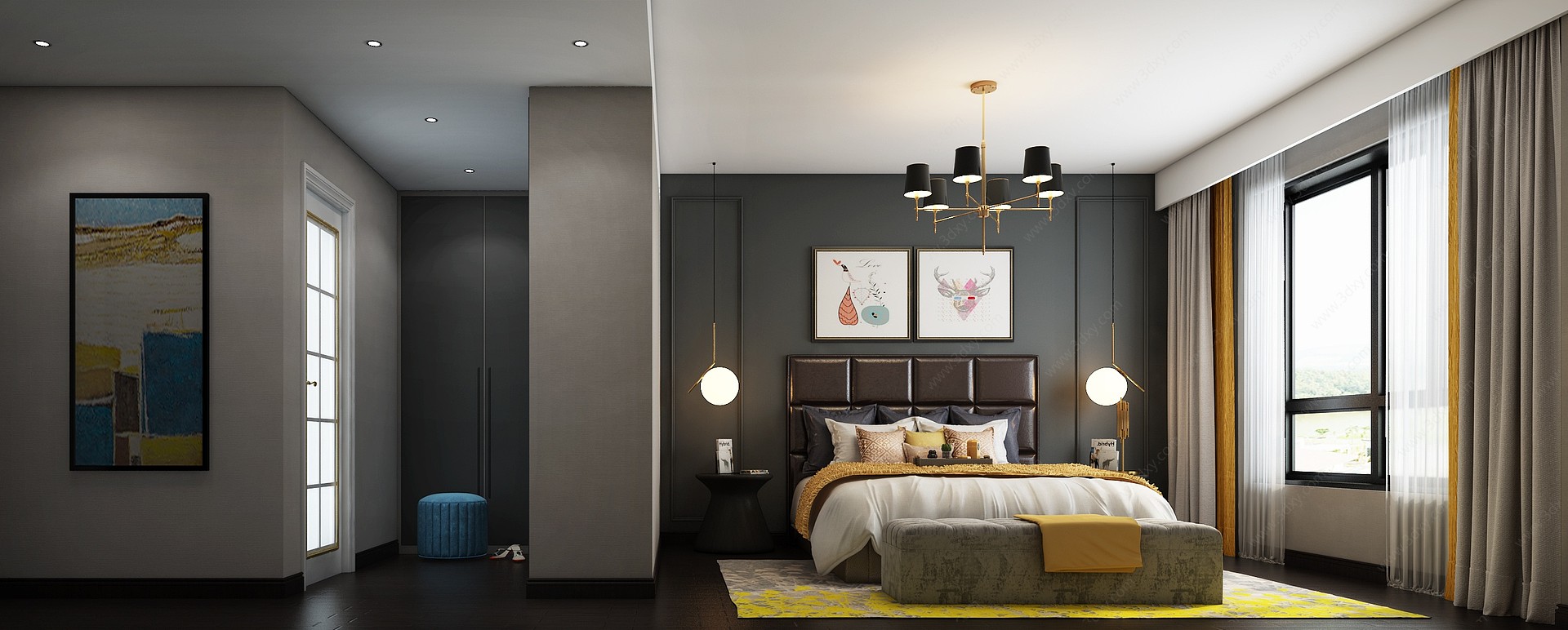 现代卧室儿童房高低床3D模型