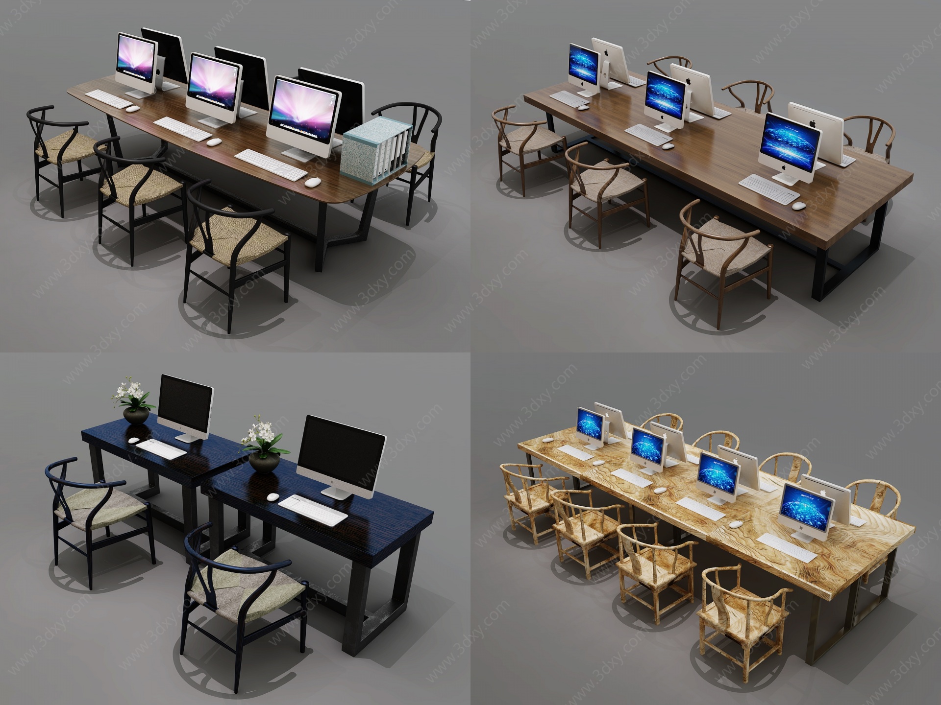 中式办公桌椅组合3D模型