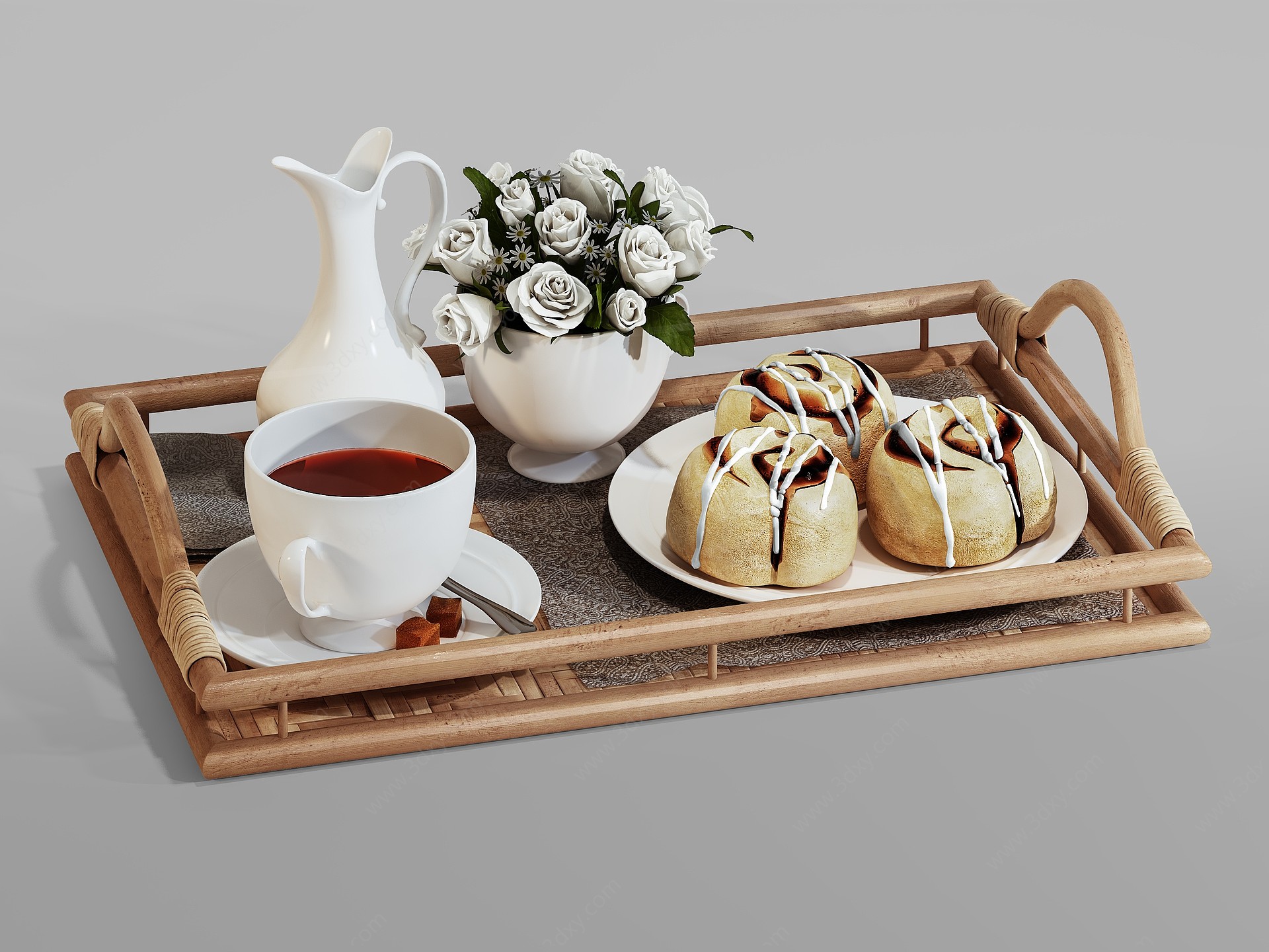 茶具茶几茶拖面包杯子组合3D模型