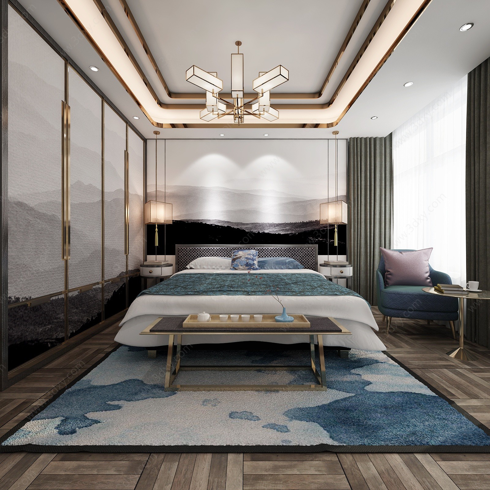 新中式卧室双人床床尾凳3D模型