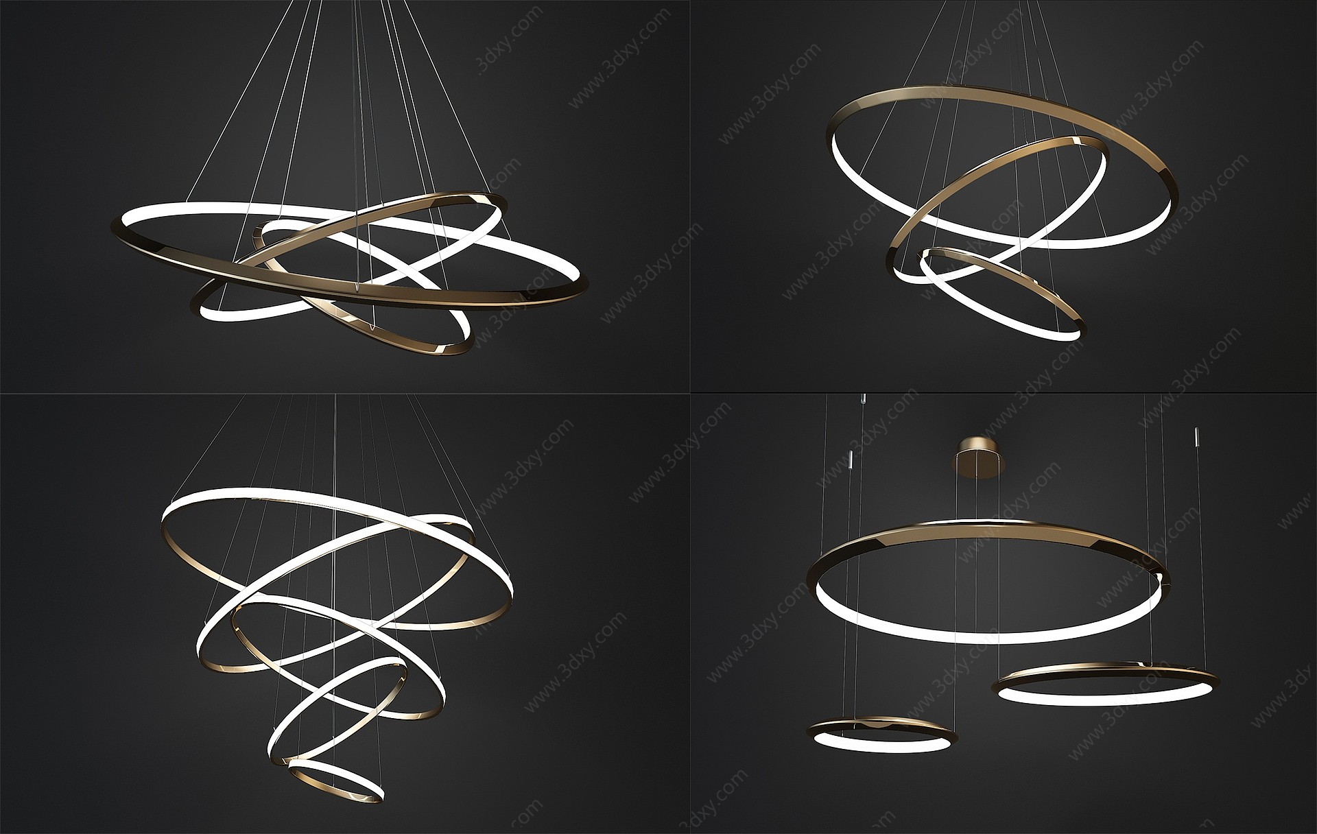 现代金属圆环形吊灯组合3D模型