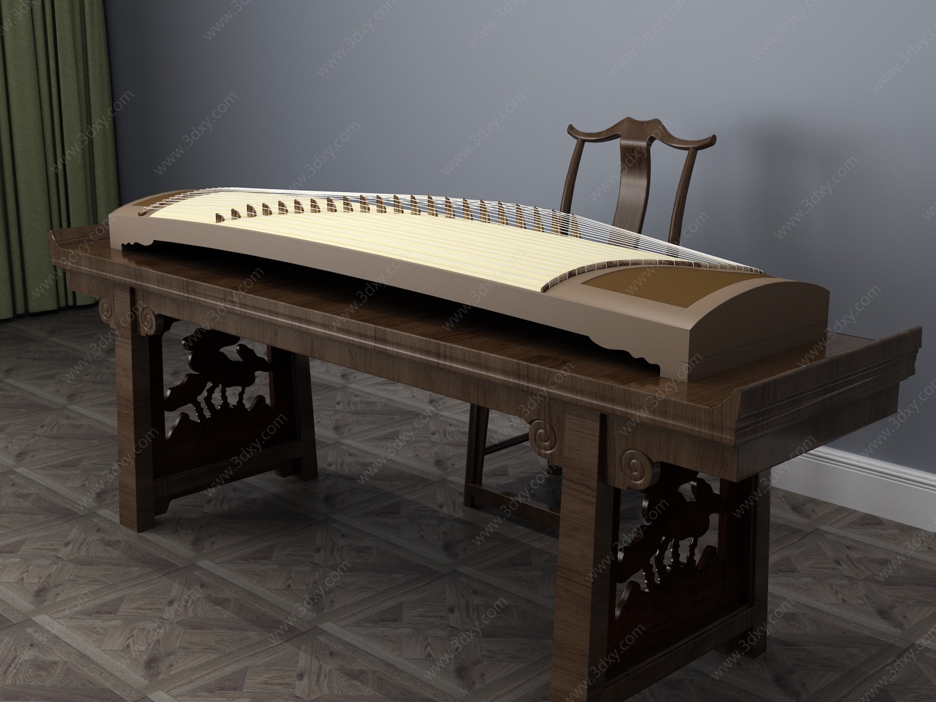 中式乐器古筝琴3D模型