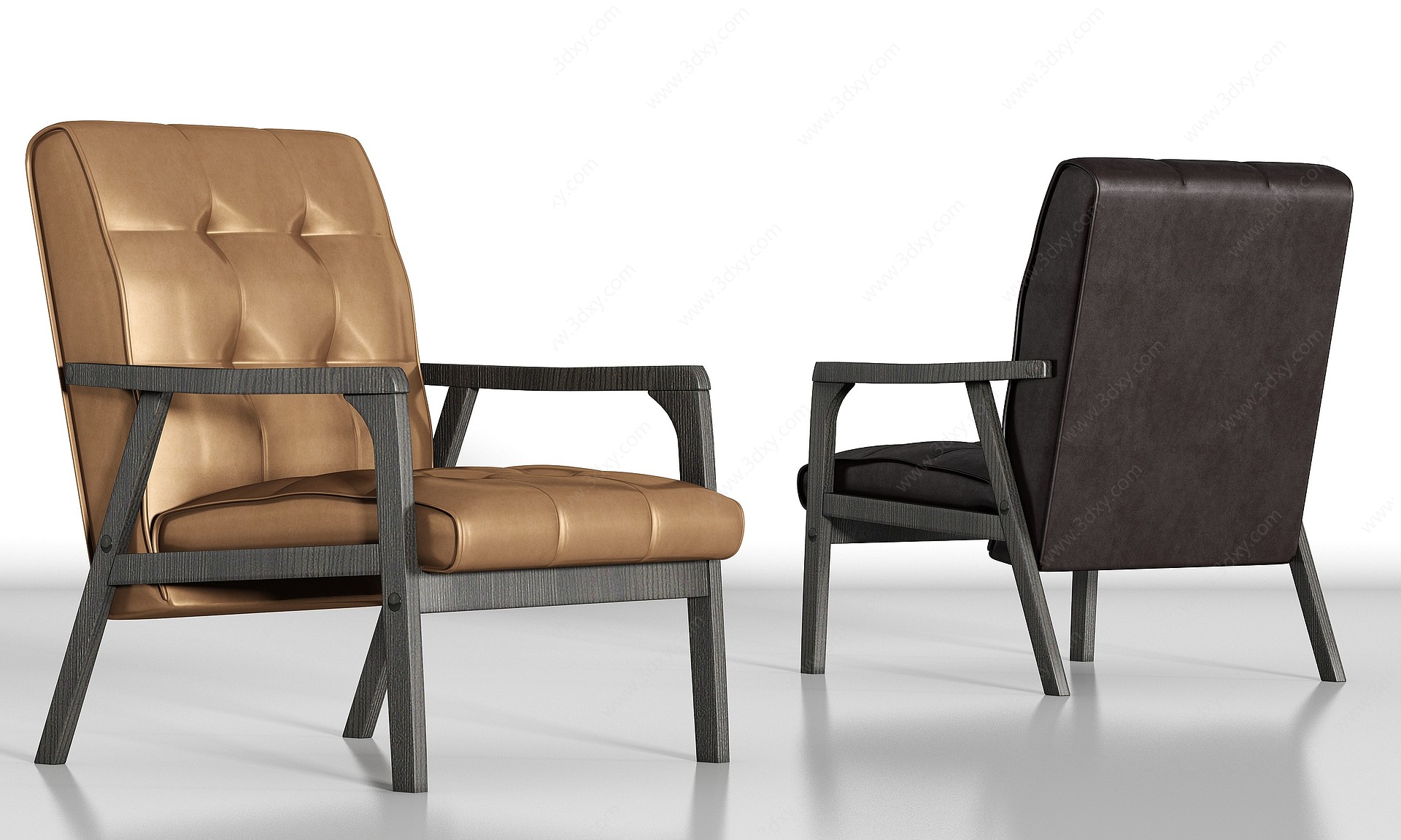 新中式实木皮革单椅组合3D模型