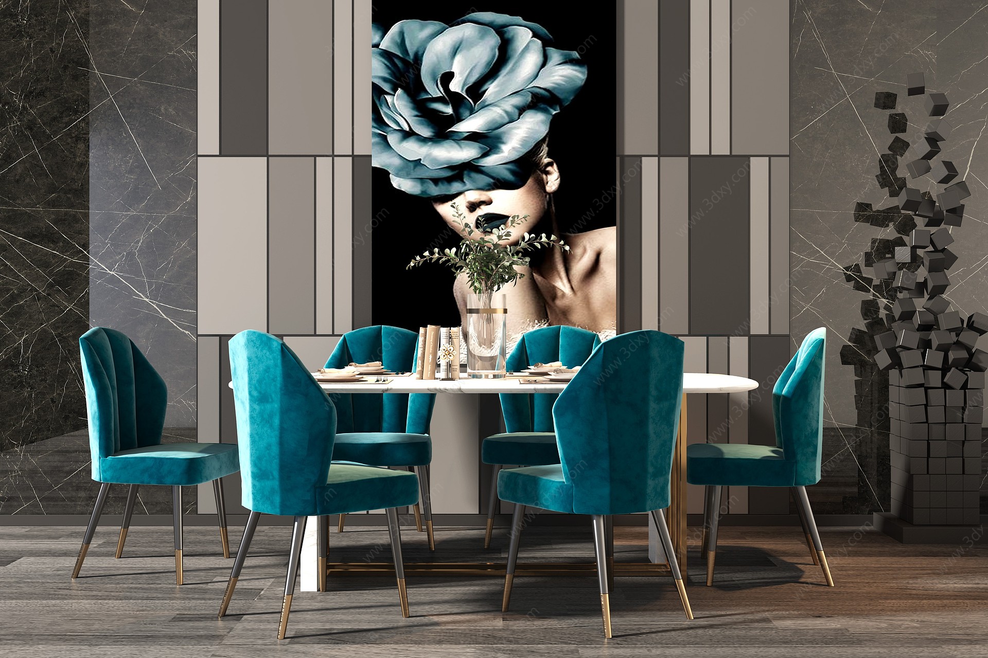现代蓝色轻奢餐厅3D模型