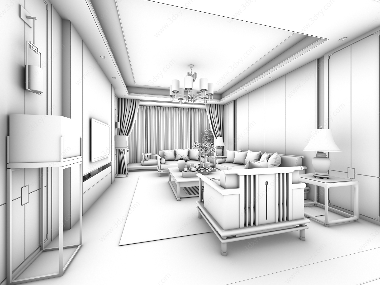 新中式客厅转角沙发茶几3D模型