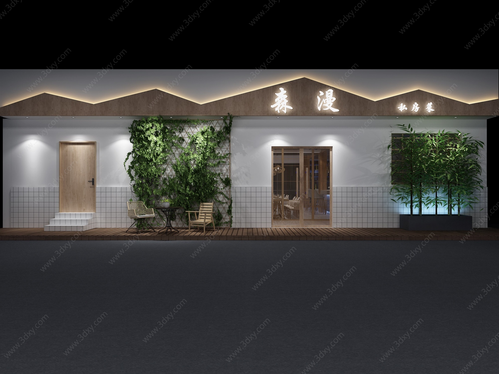 日式餐厅门头植物墙竹子3D模型