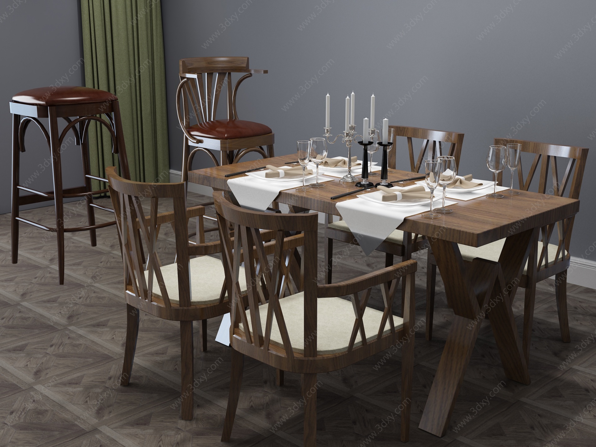 美式餐桌餐桌椅饭桌咖啡桌3D模型