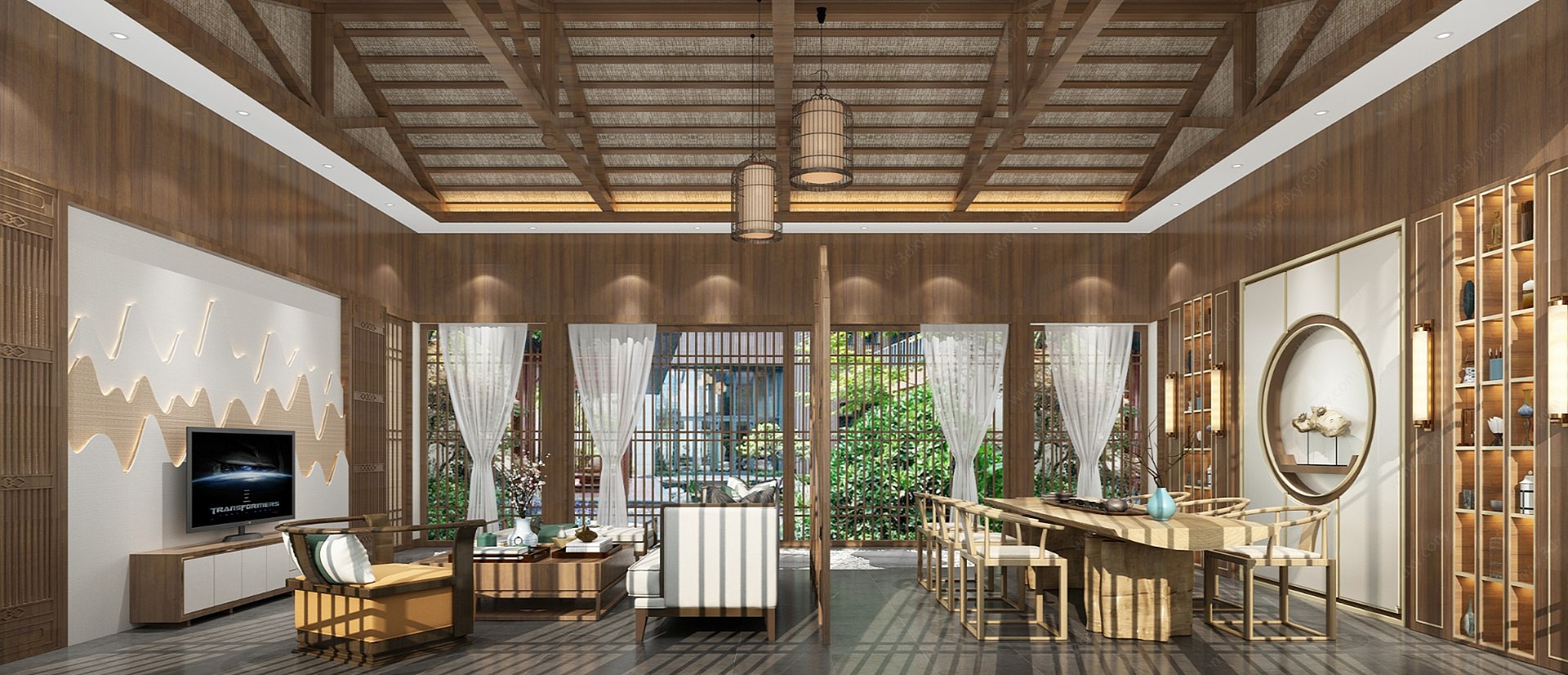 新中式民宿风客餐厅3D模型