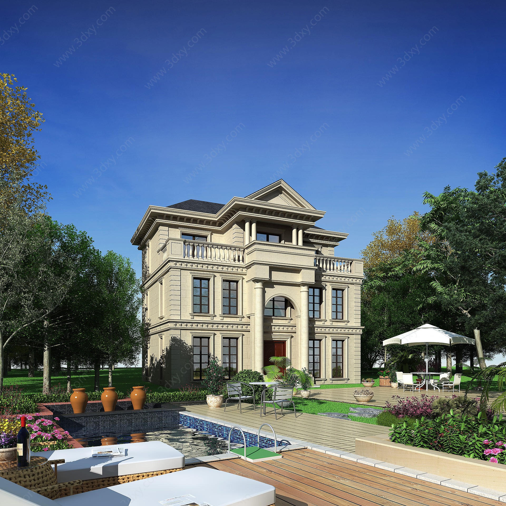法式别墅建筑景观庭院3D模型