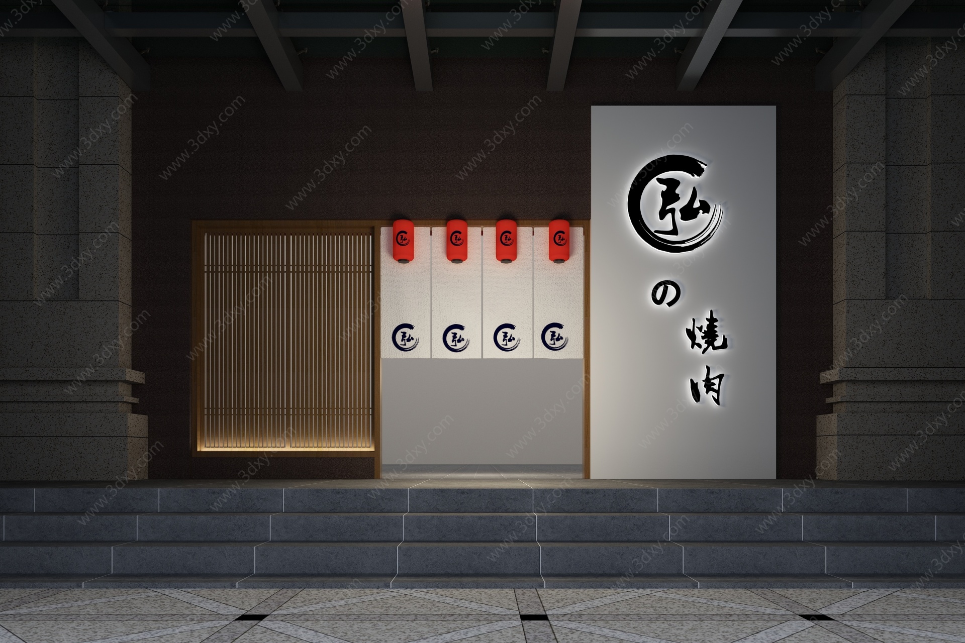 日式门头布帘花格字体灯笼3D模型