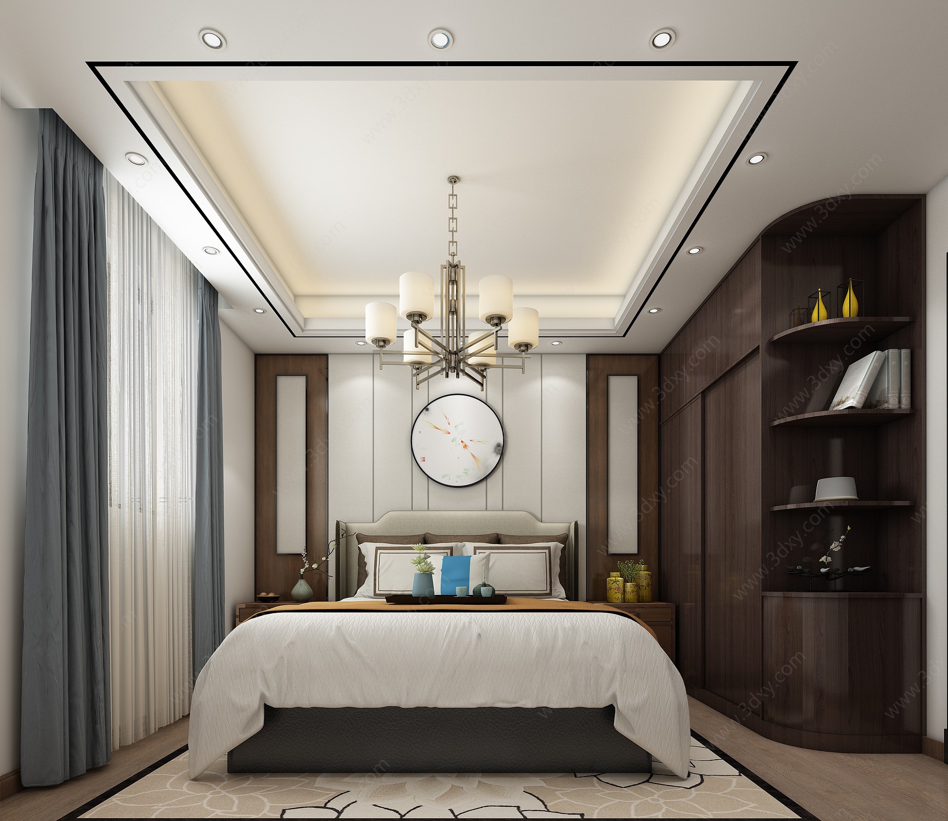新中式卧室床背景衣柜3D模型