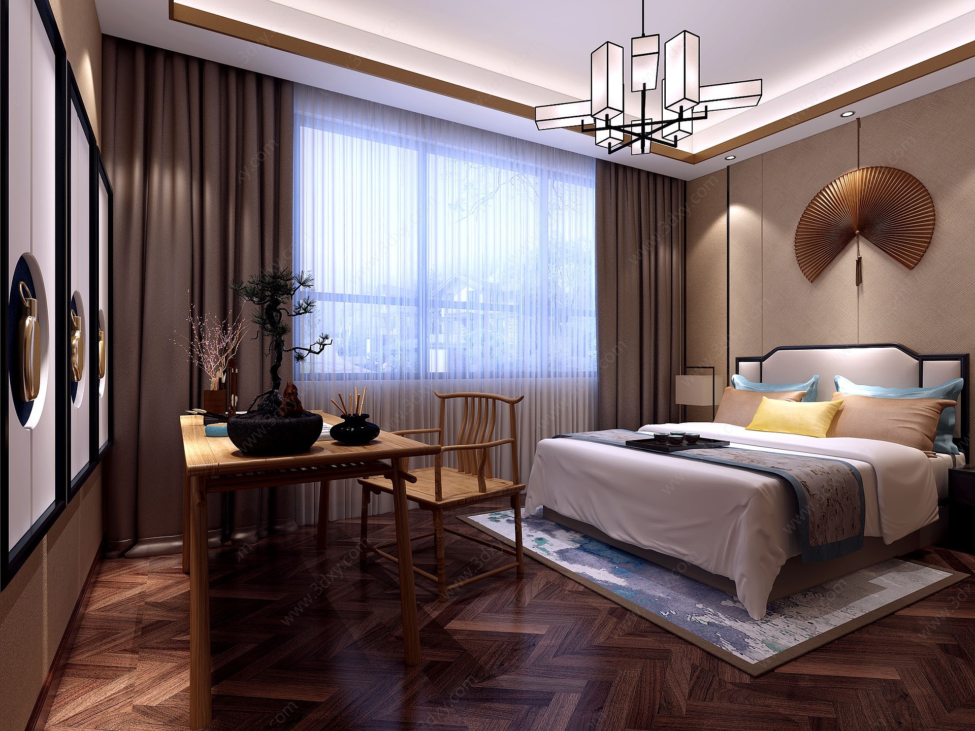 新中式卧室床吊灯书桌3D模型