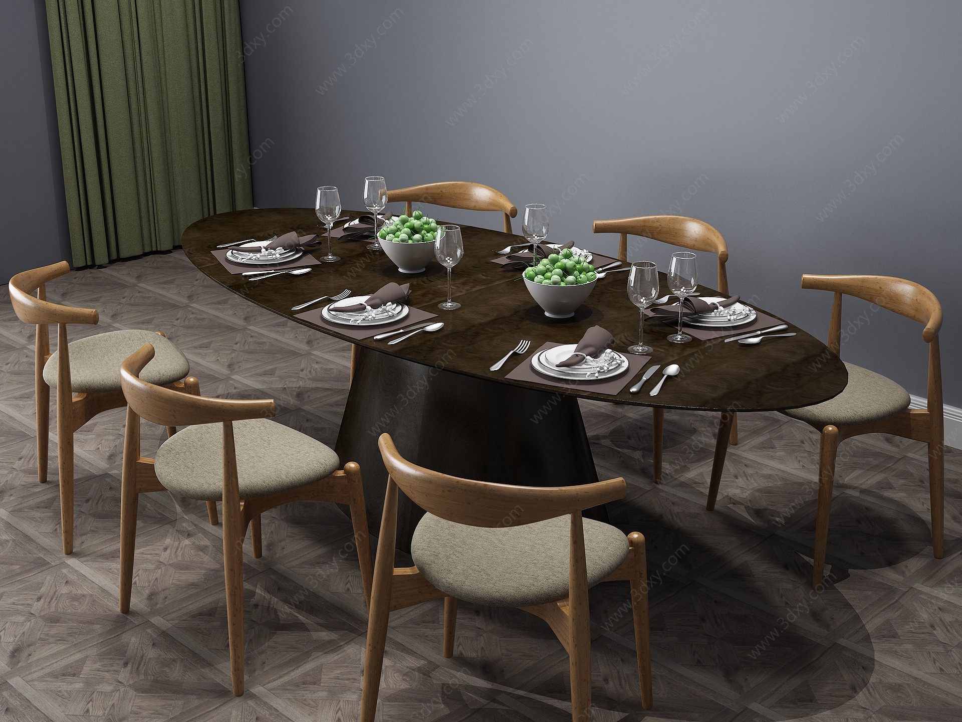中式餐桌餐桌椅六人桌3D模型