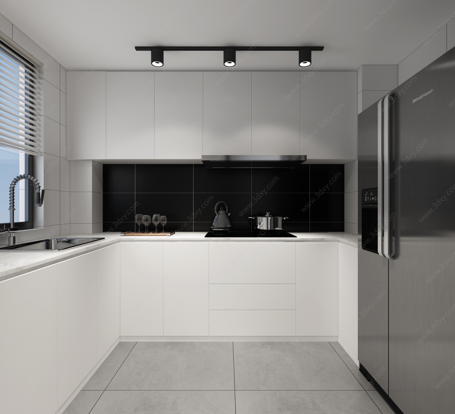 现代高级黑白灰厨房橱柜3D模型