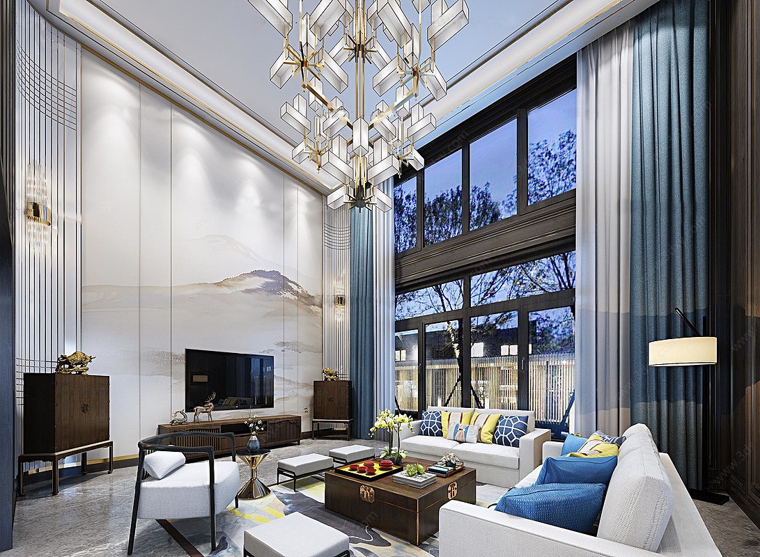 新中式奢华别墅客厅3D模型