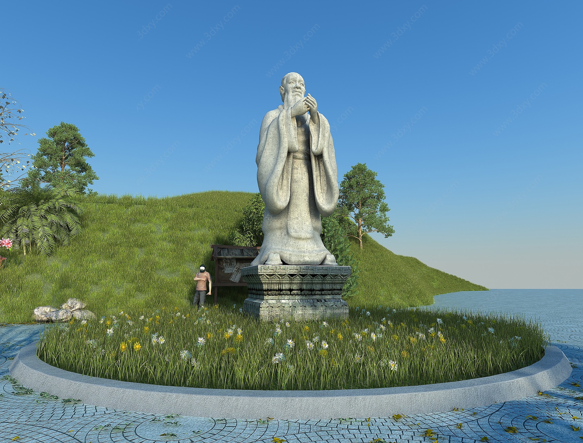 中式孔子雕像花草景观树木3D模型