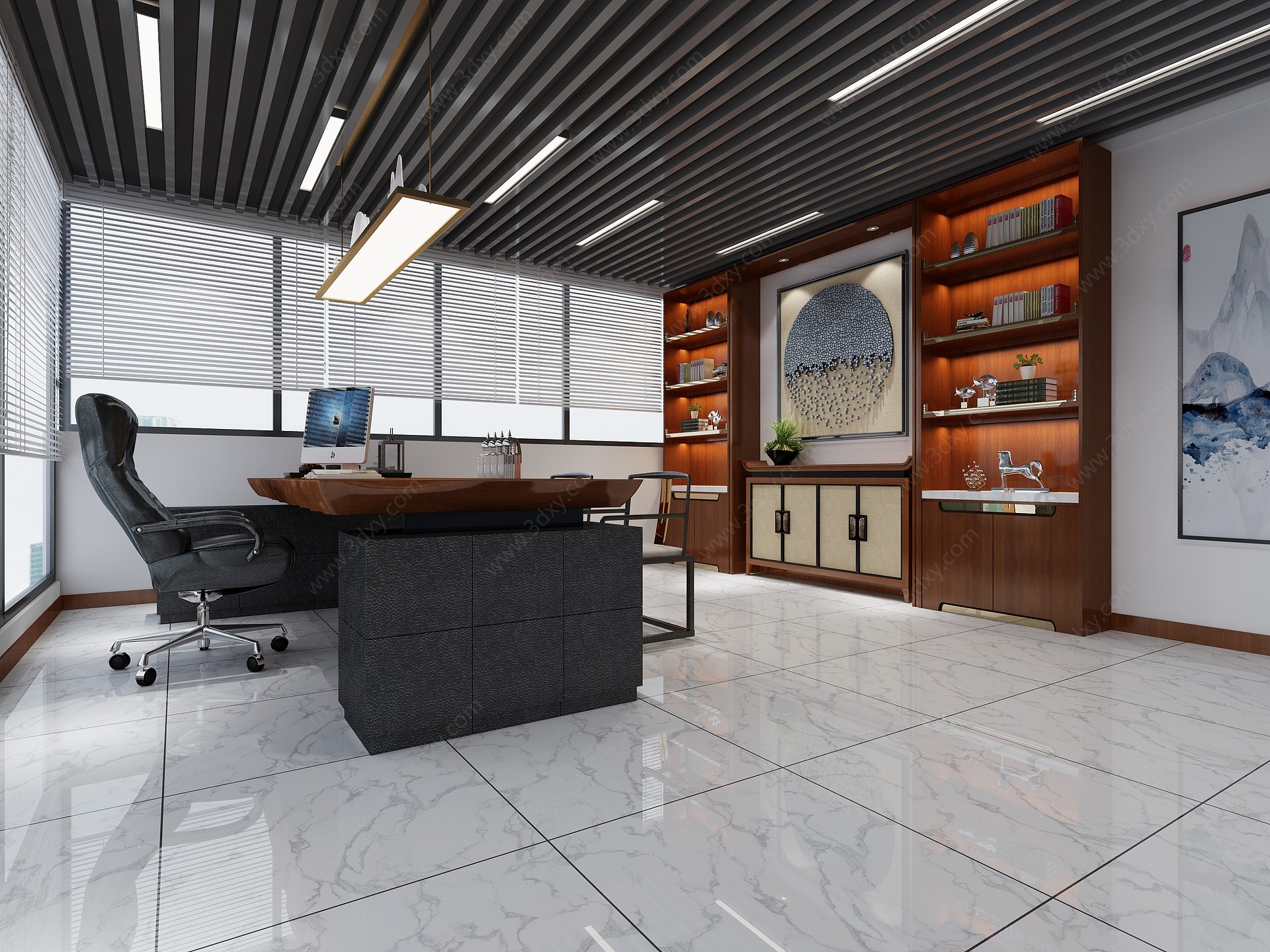 新中式办公室茶室3D模型