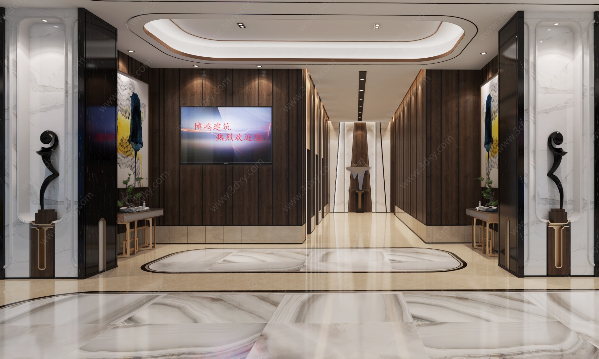 新中式大堂电梯间过道3D模型