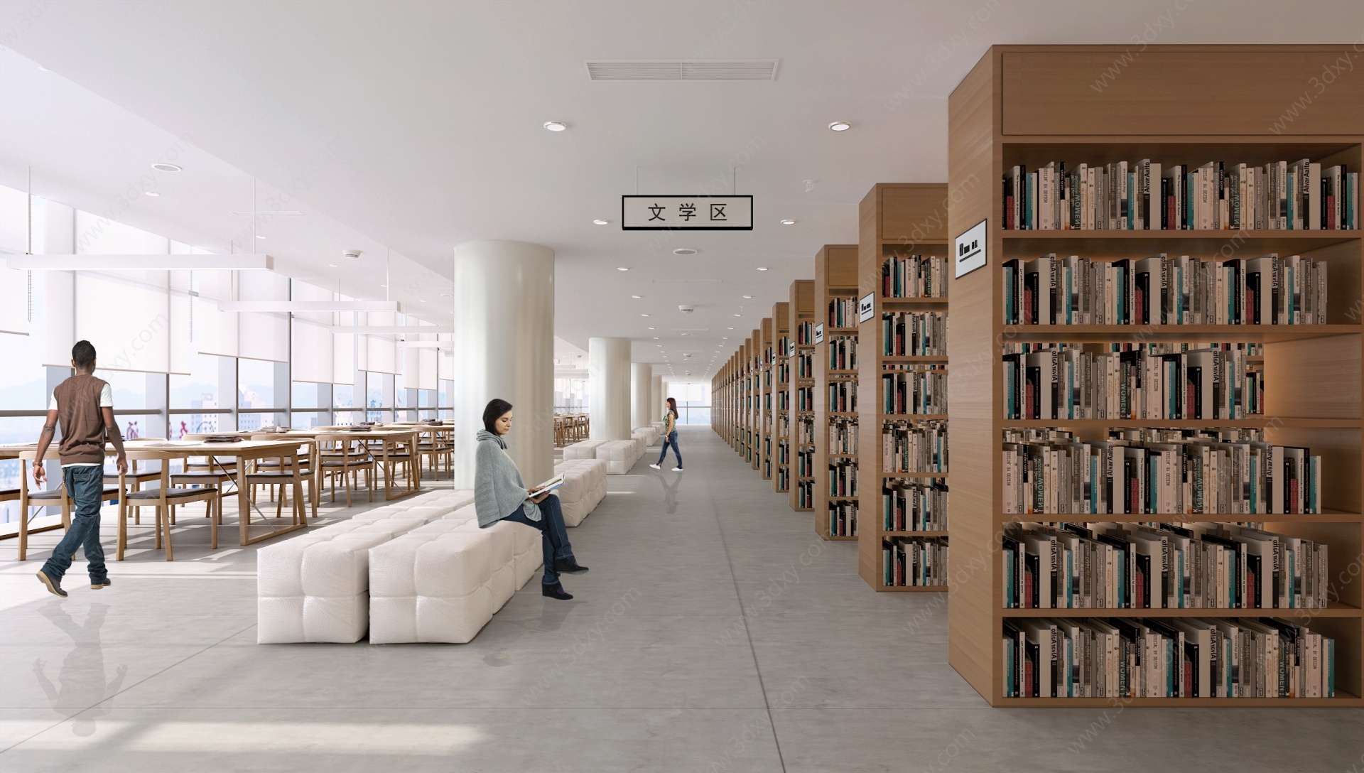 现代图书馆书柜休闲沙发3D模型