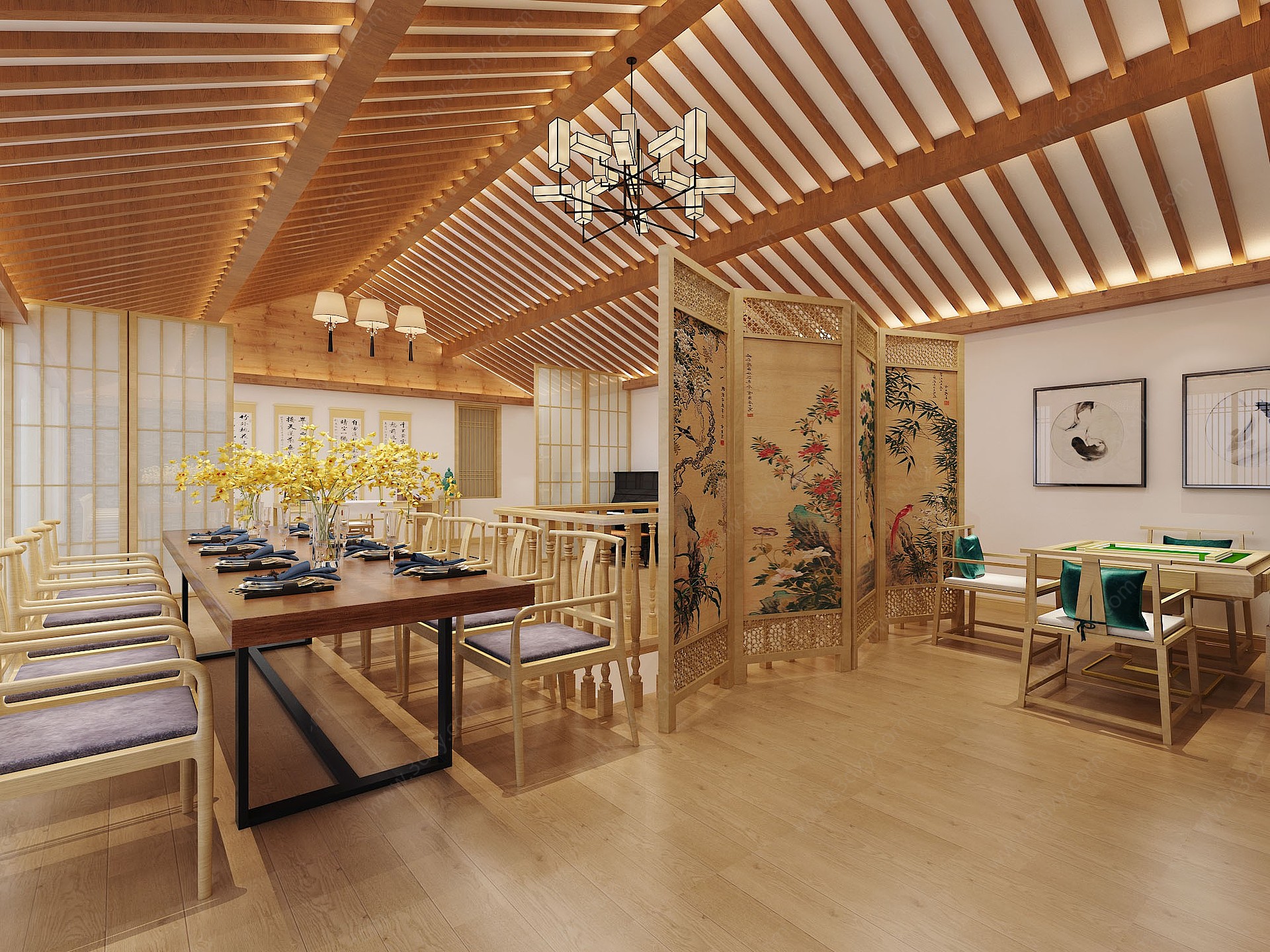 新中式会客厅全景3D模型