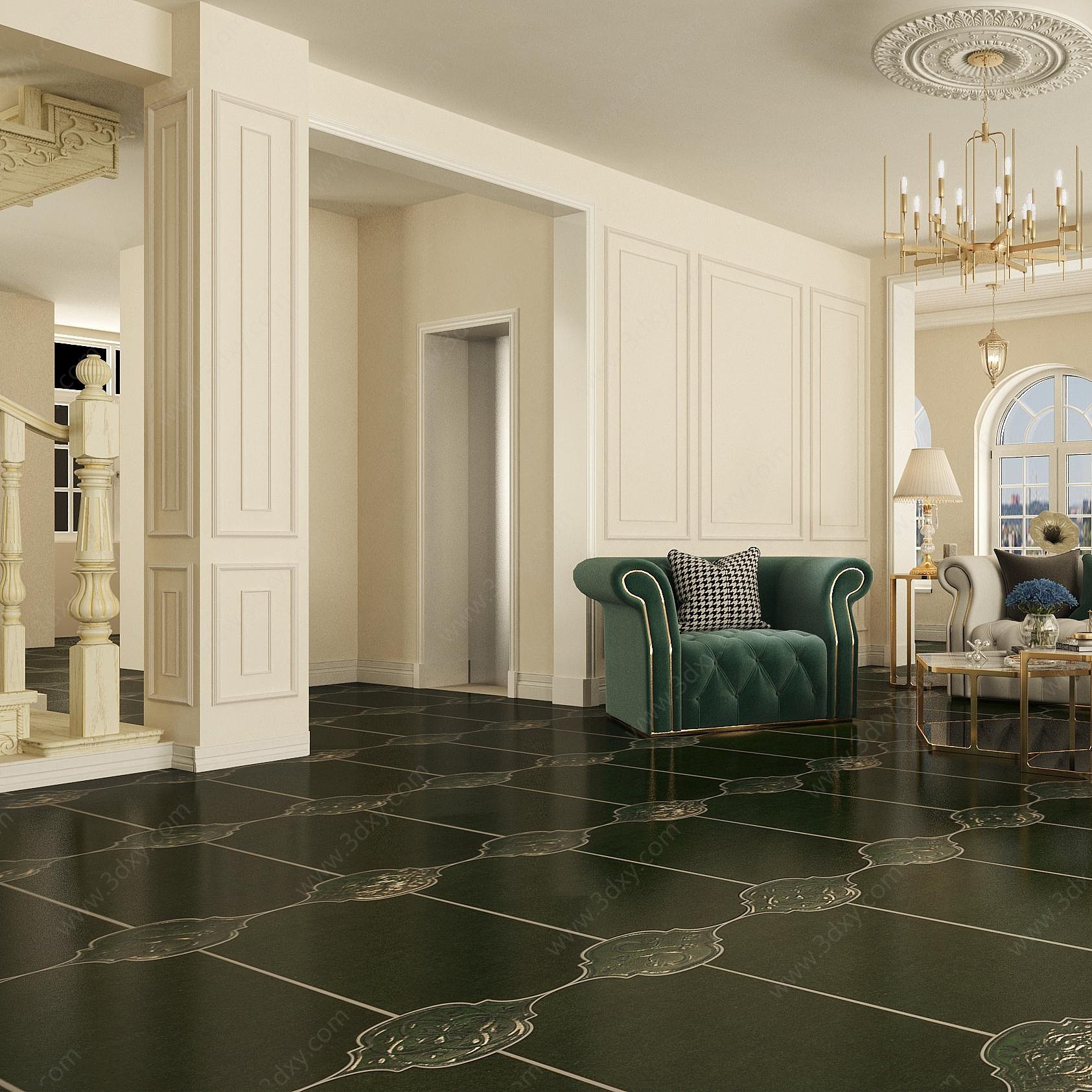 美式别墅客厅沙发3D模型