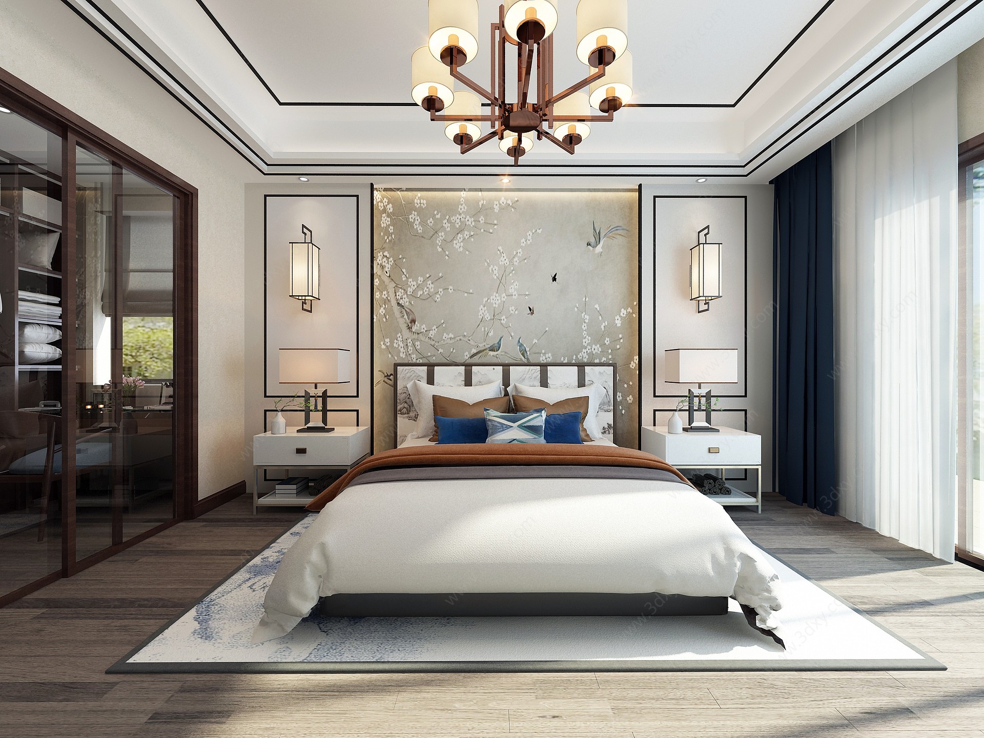 新中式卧室双人床床具3D模型