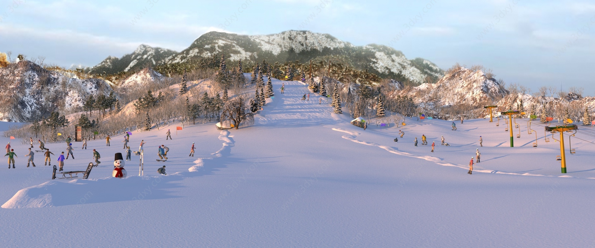 中式雪山滑雪场冬季滑雪场3D模型
