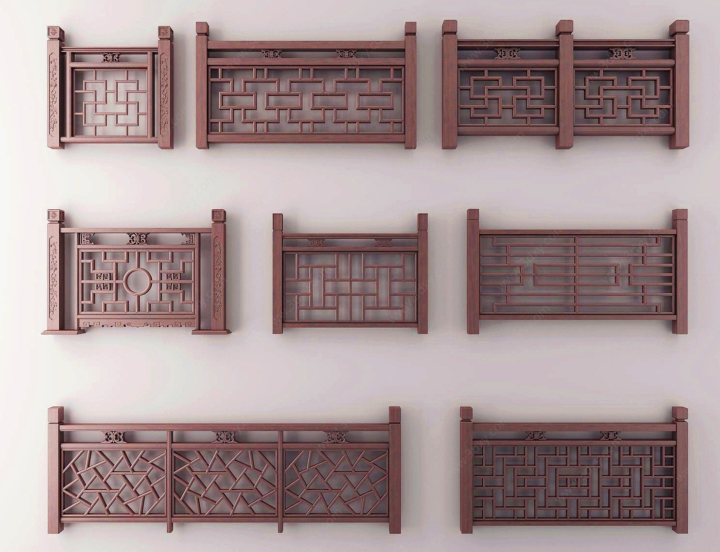 中式实木雕花栏杆3D模型