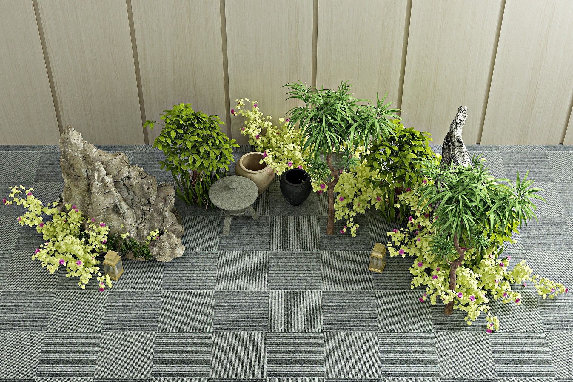 现代绿植盆栽植物假山3D模型