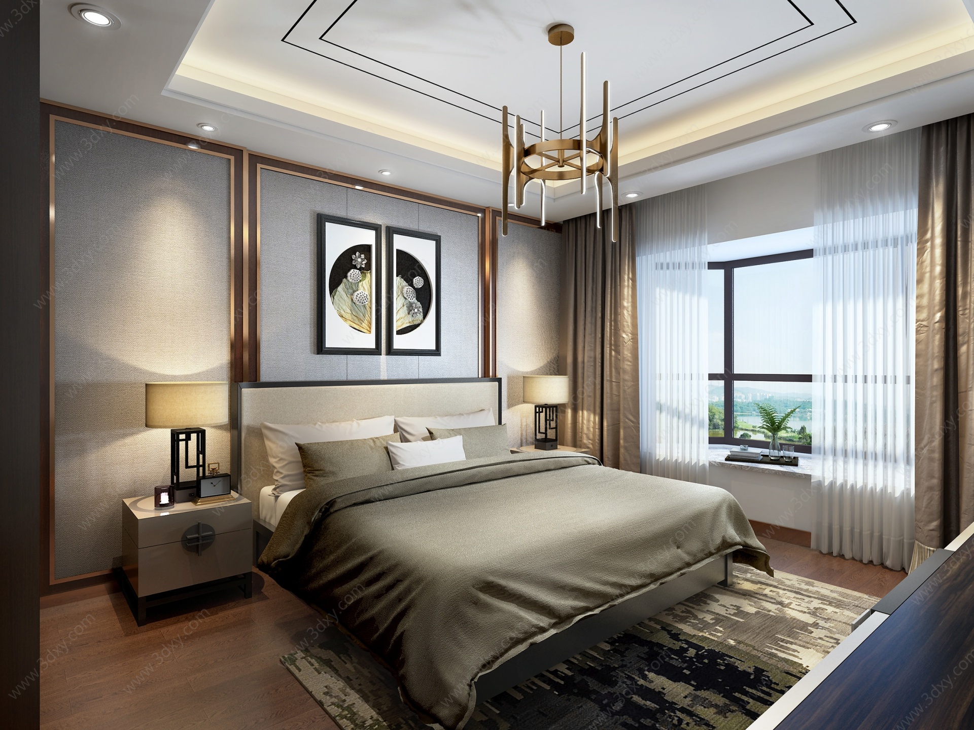 新中式主卧室吊灯床品组合3D模型