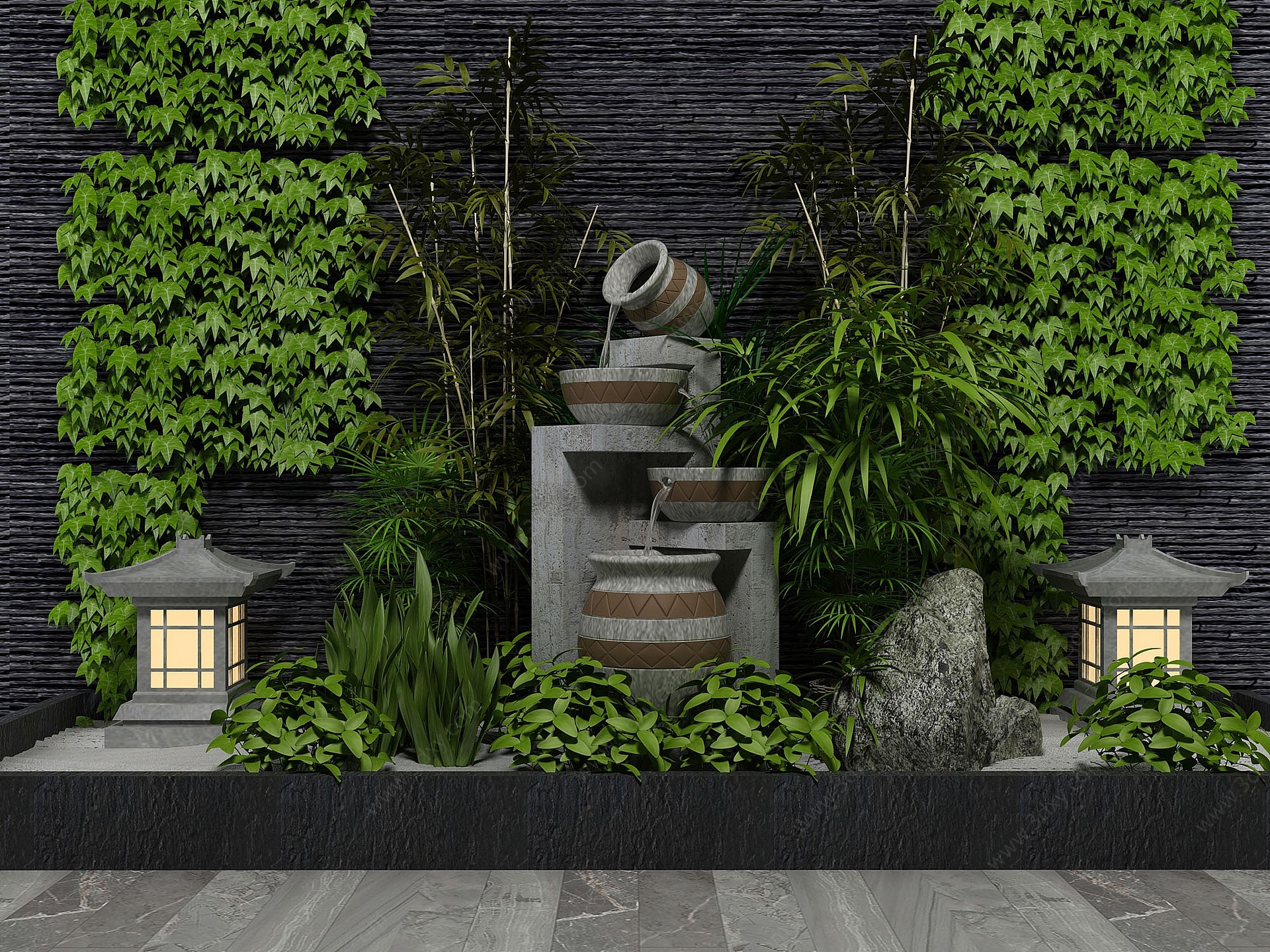 新中式园艺小品绿植水景3D模型