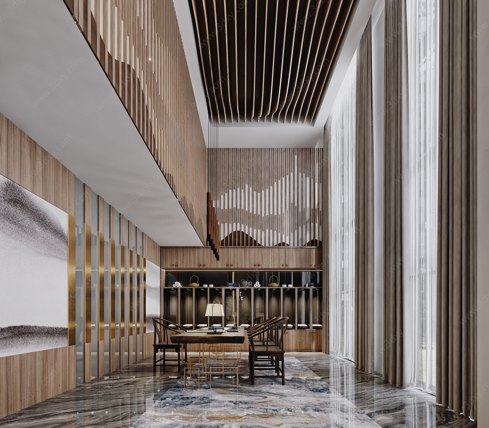 新中式禅意酒店大堂大厅3D模型