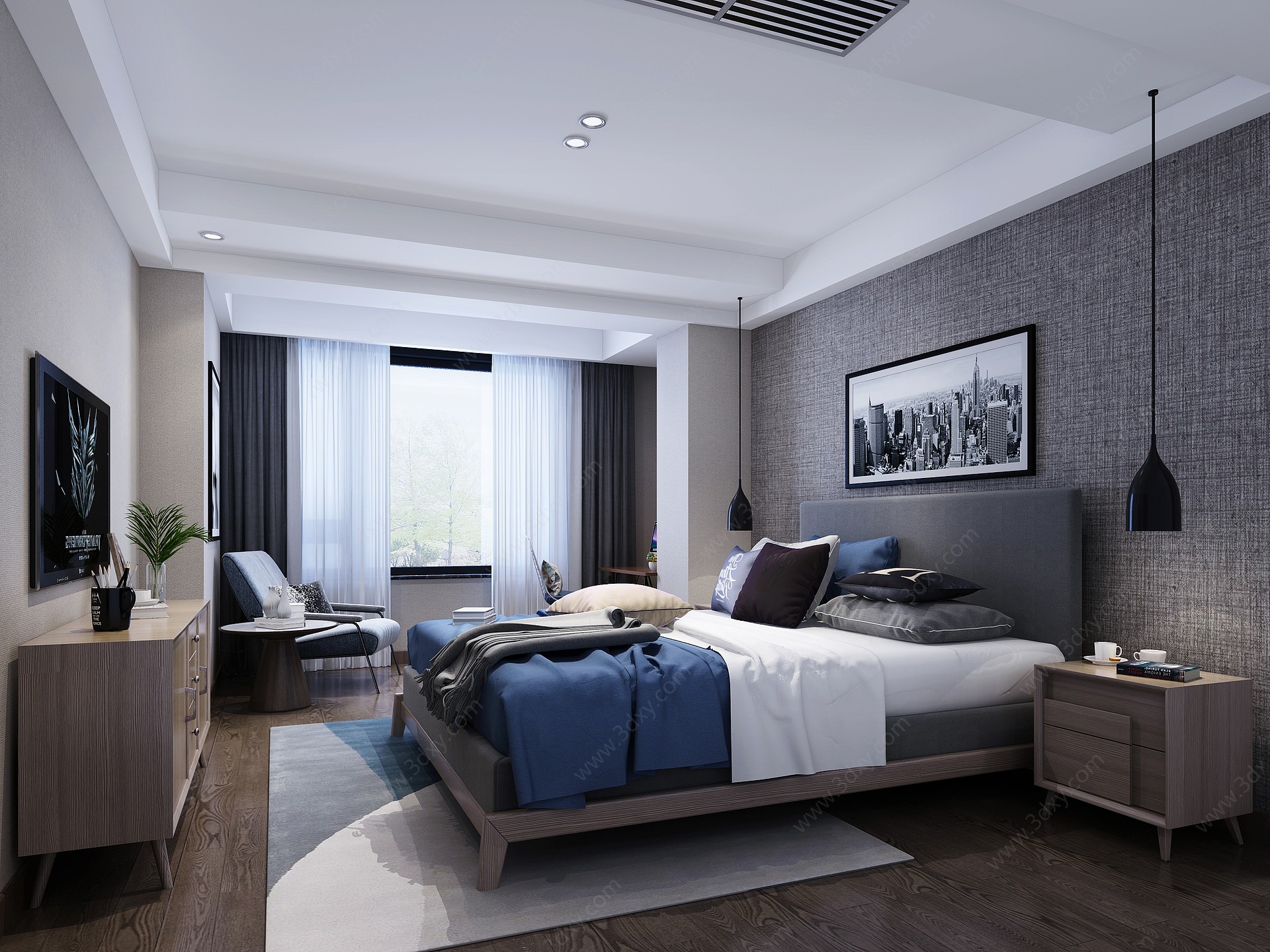 北欧奢华双人床卧室3D模型