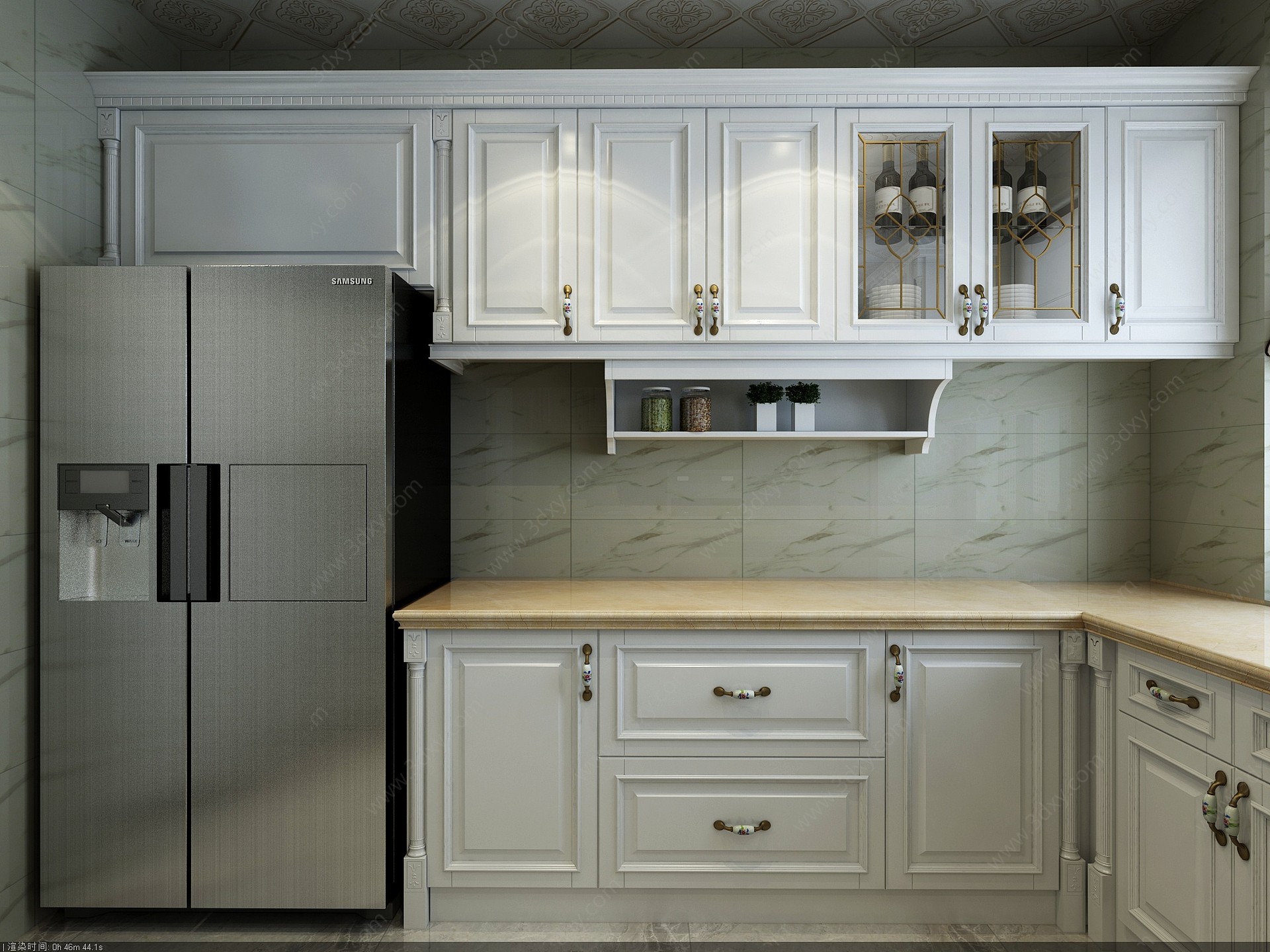简欧欧式厨房橱柜吧台冰箱3D模型