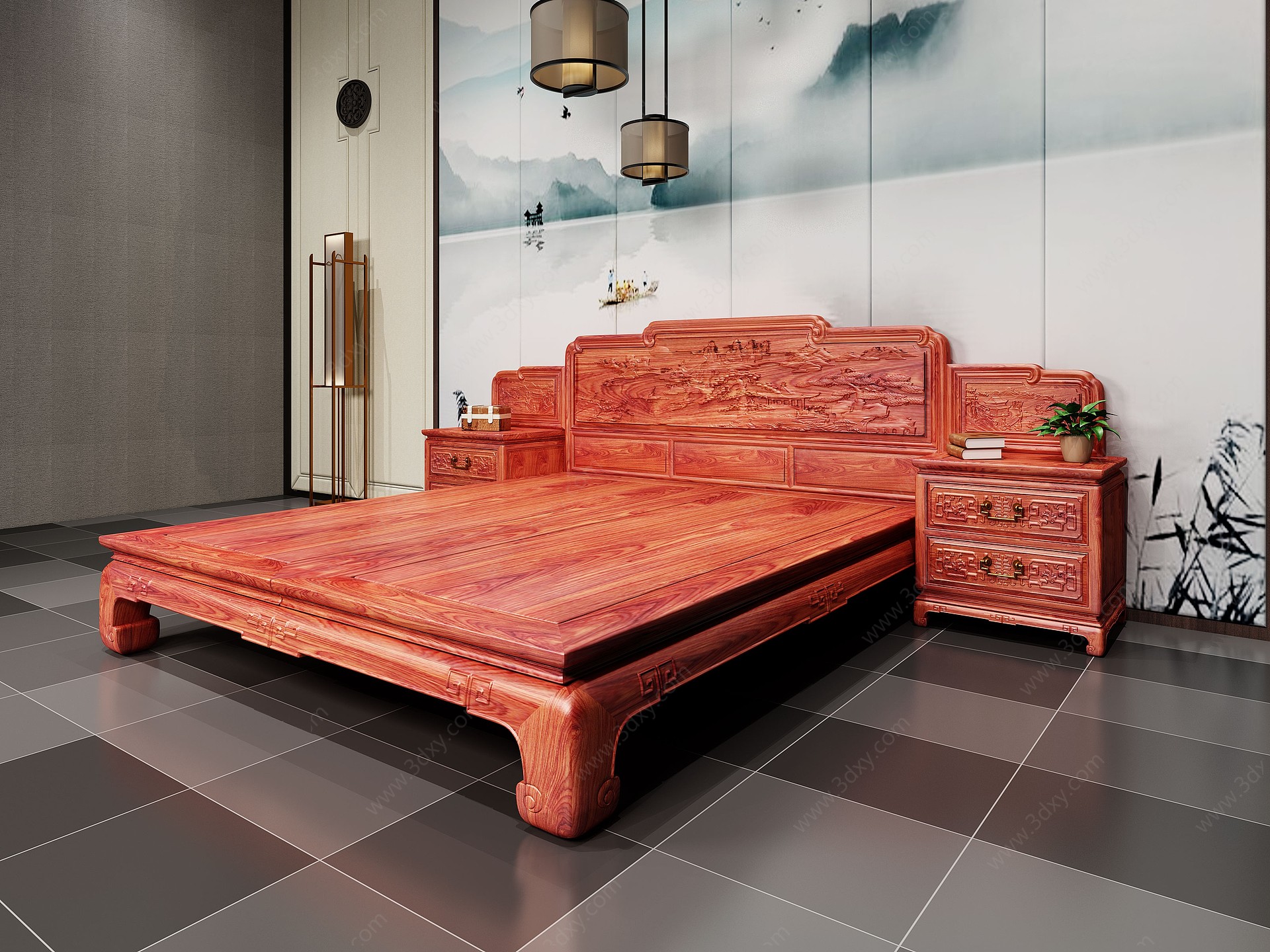 中式古典雕刻红木床3D模型