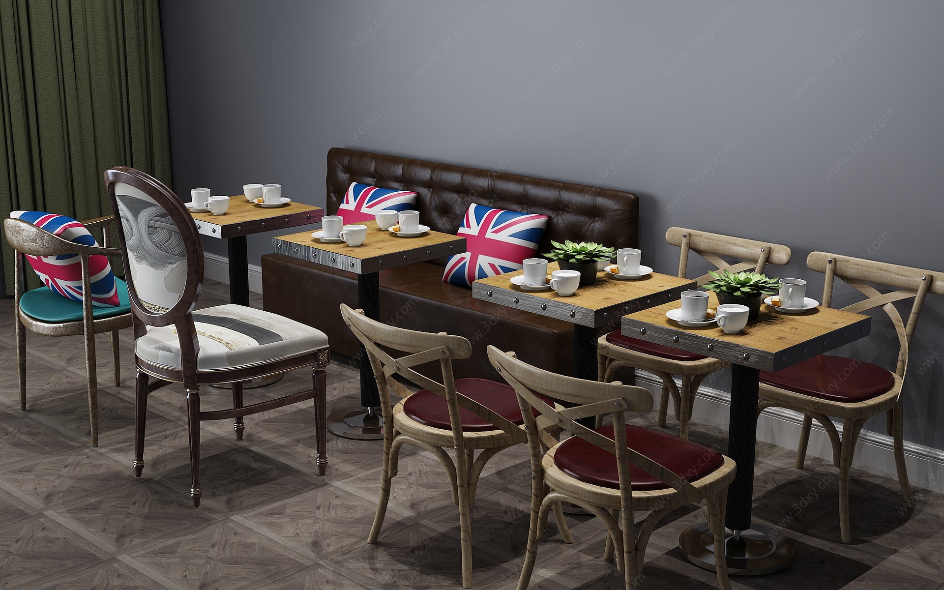 美式餐桌餐桌椅卡座3D模型