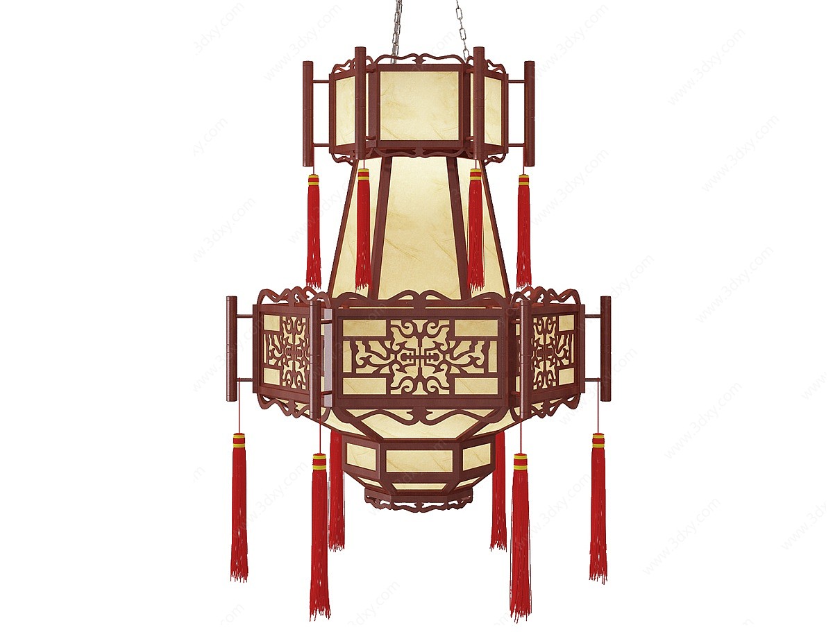 中式古典实木茶楼木吊灯3D模型