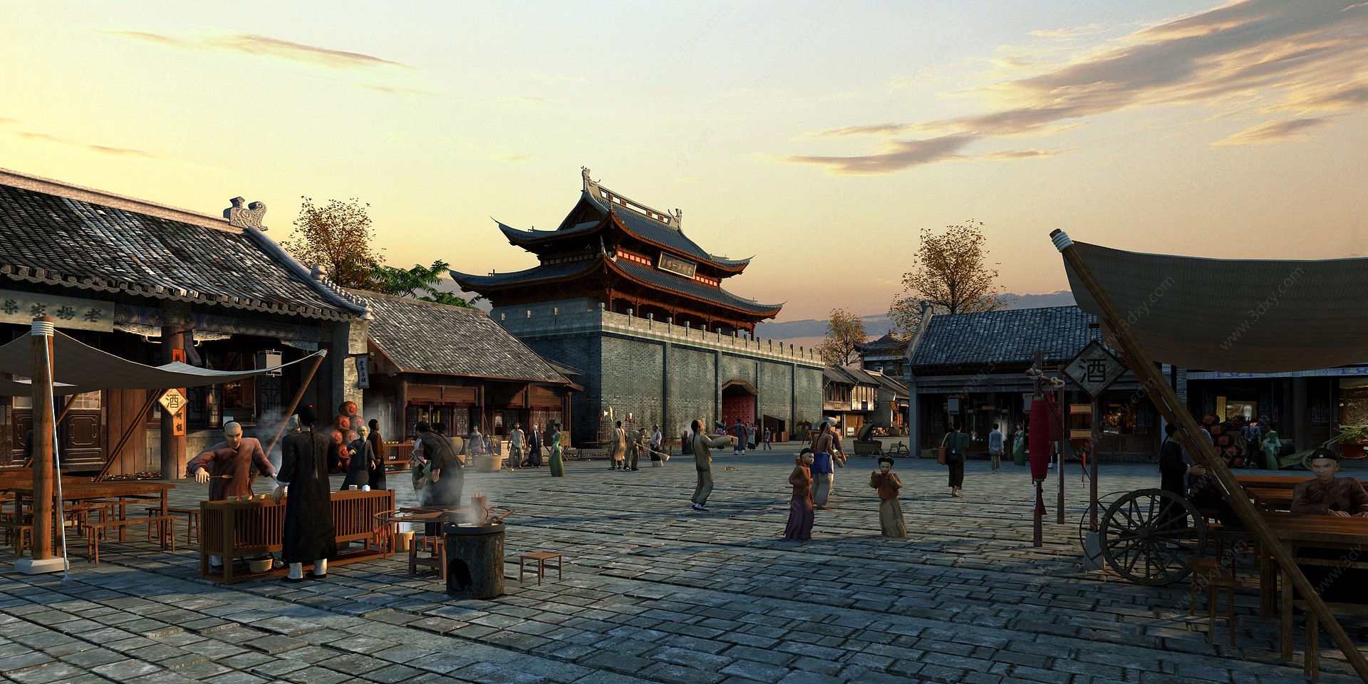 中式城楼店铺街道3D模型