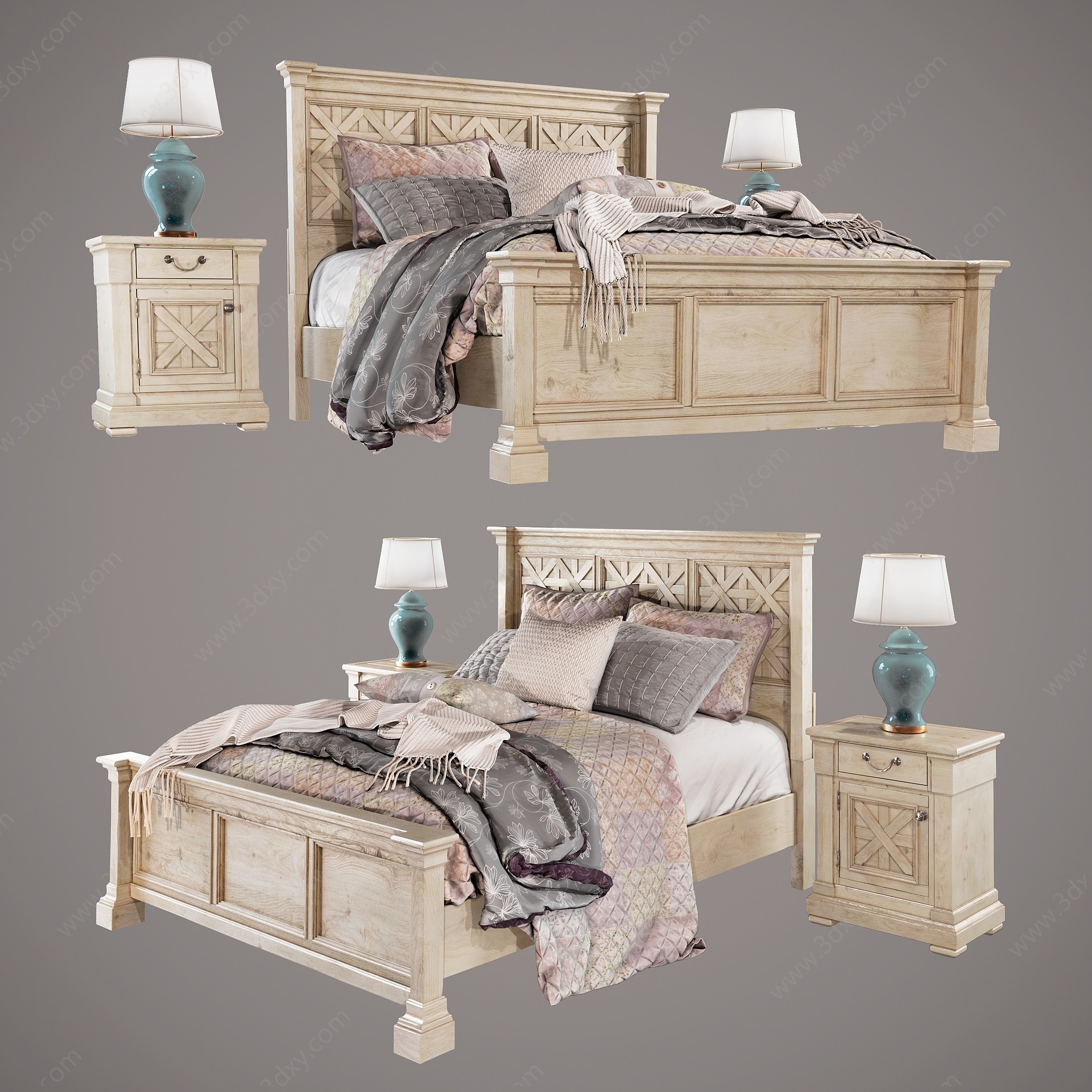 美式双人床床头柜模型组合3D模型