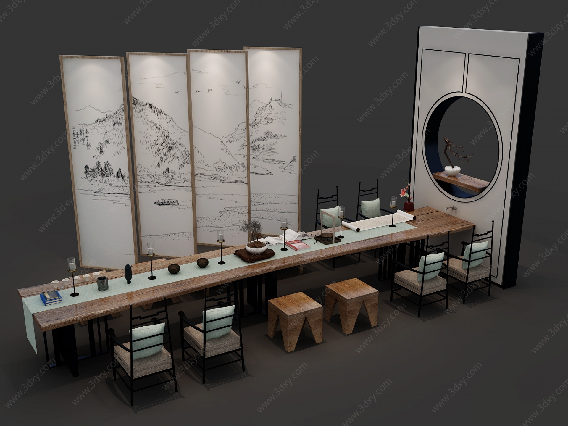 新中式书桌椅屏风组合3D模型