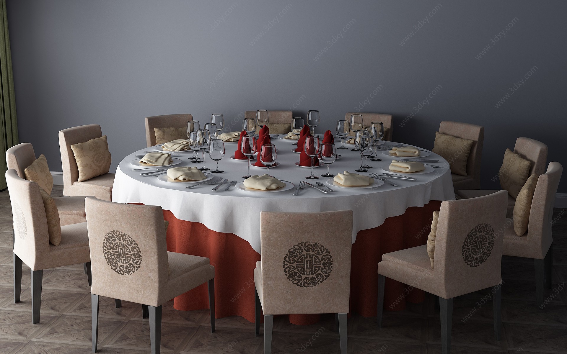 新中式餐桌餐桌椅圆桌3D模型