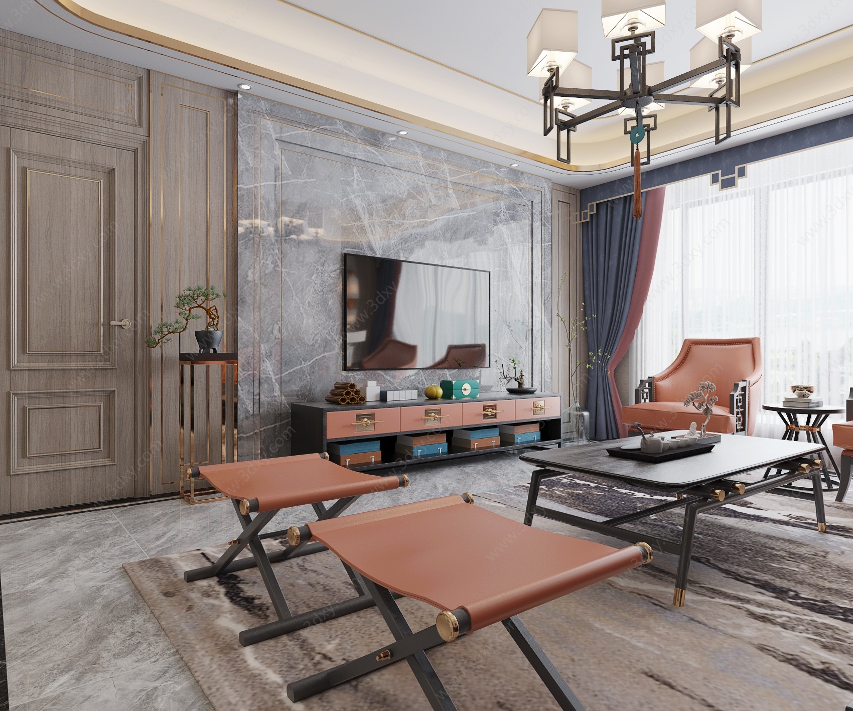 新中式轻奢客厅餐厅3D模型