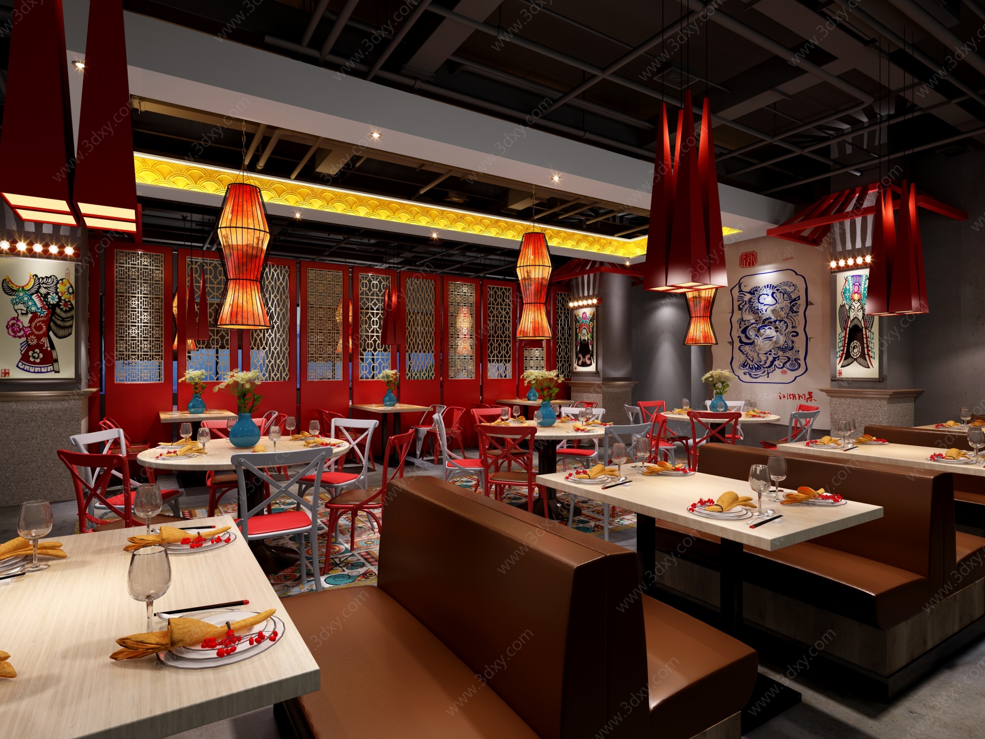 中式餐厅吊灯卡座挂画3D模型