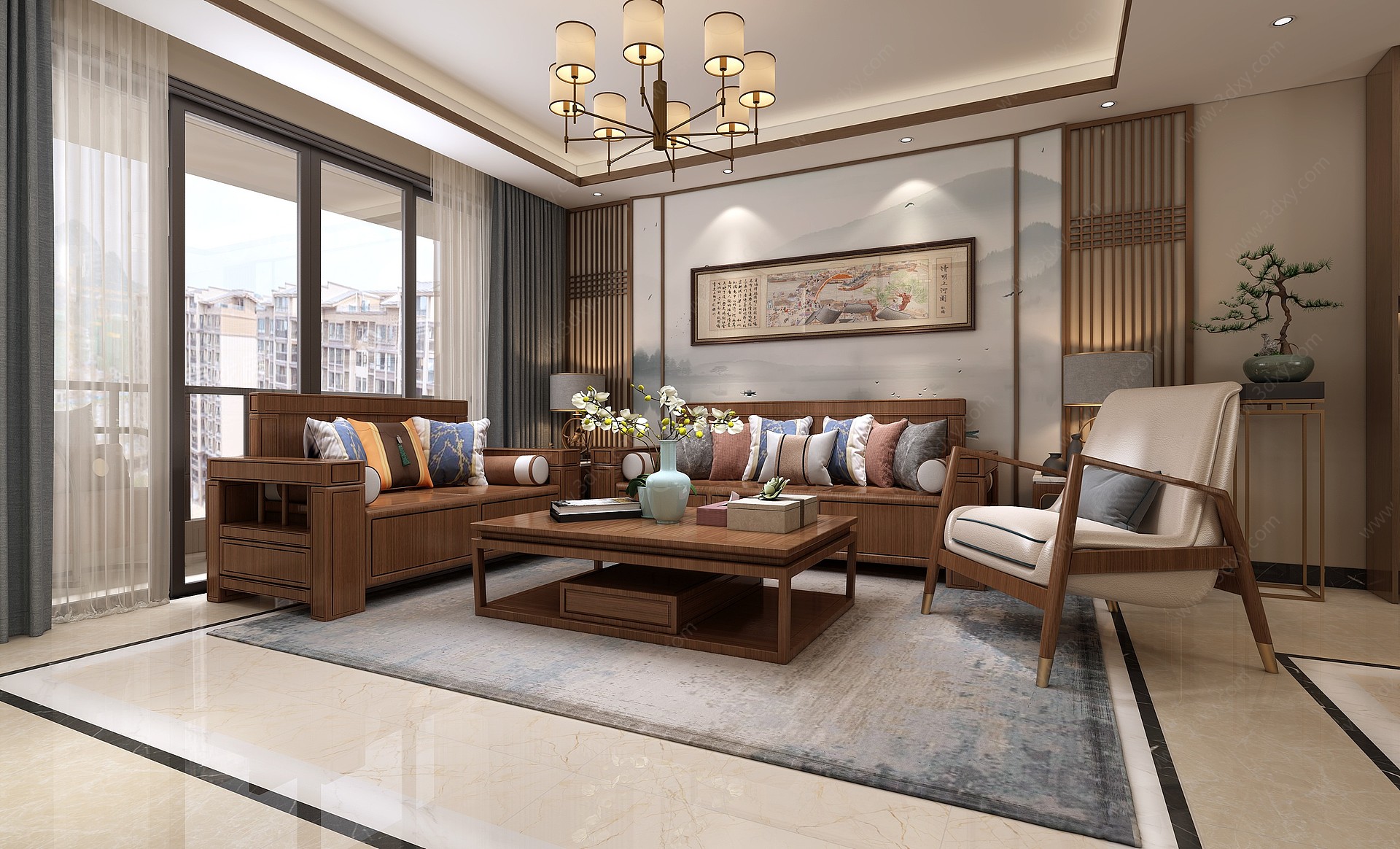 新中式客厅实木沙发组合3D模型