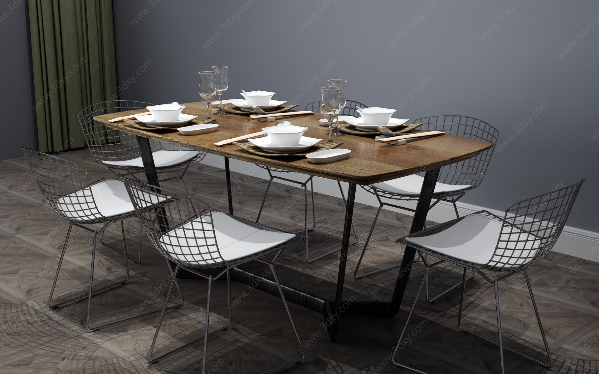 工业风餐桌餐桌椅六人桌3D模型